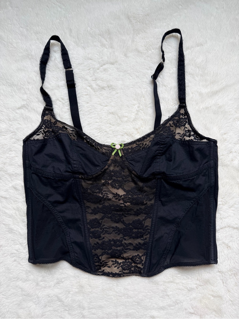 Urban Outfitters Black Lace Longline Bustier with Green Bow